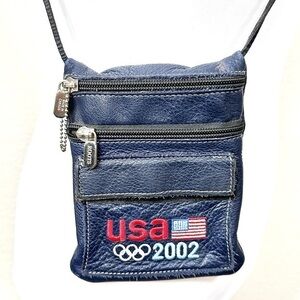 ROOTS 2002 USA Olympics Blue Leather Crossbody Belt Bag Pouch Salt Lake City